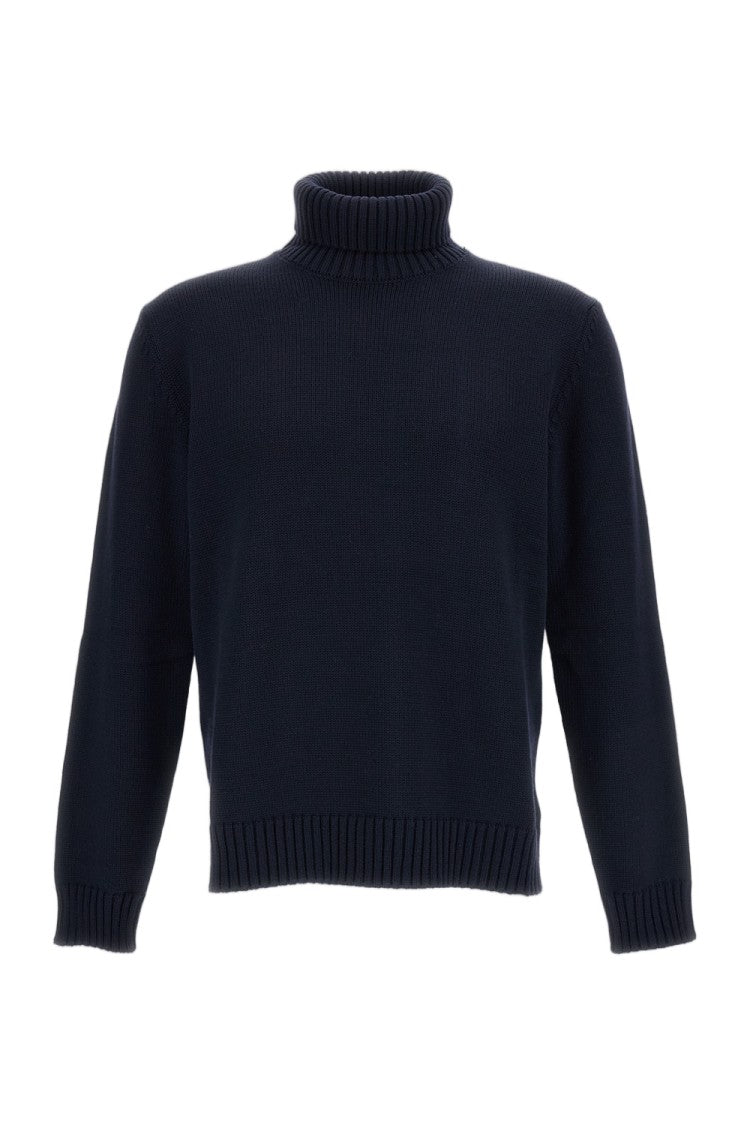 Zanone Dark Navy Blue Turtleneck Sweater With Ribbed Details