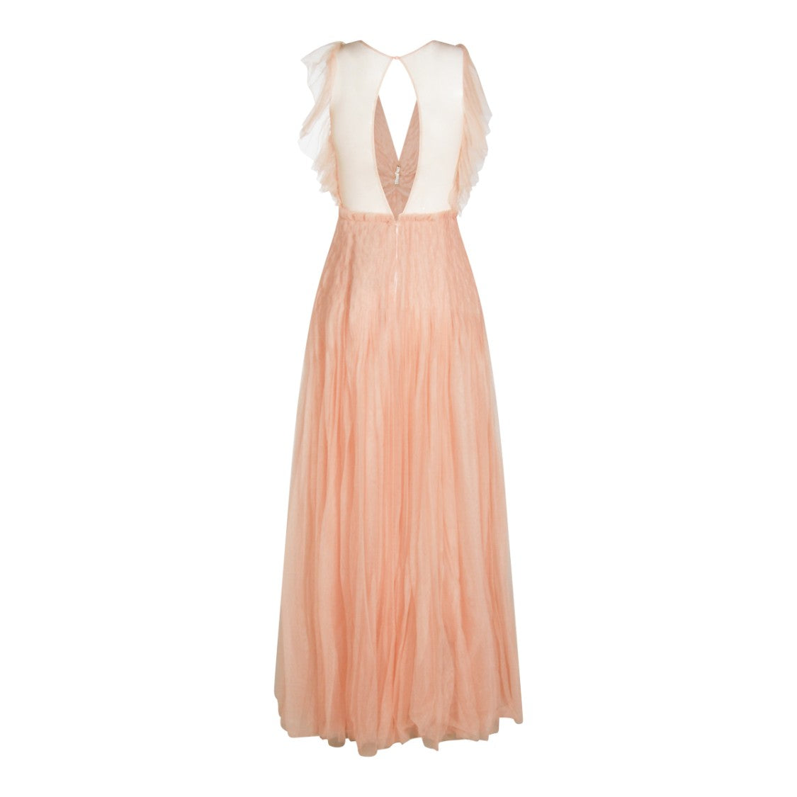 Elisabetta Franchi Nude Long Dress With Deep V Neckline And Tulle Inserts