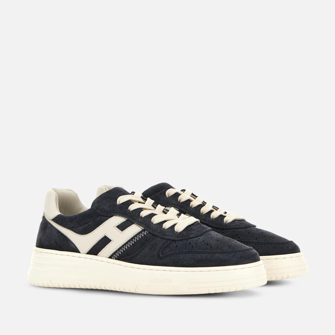 Hogan Lace-Up Navy Calfskin Shoes With Off-White Accents