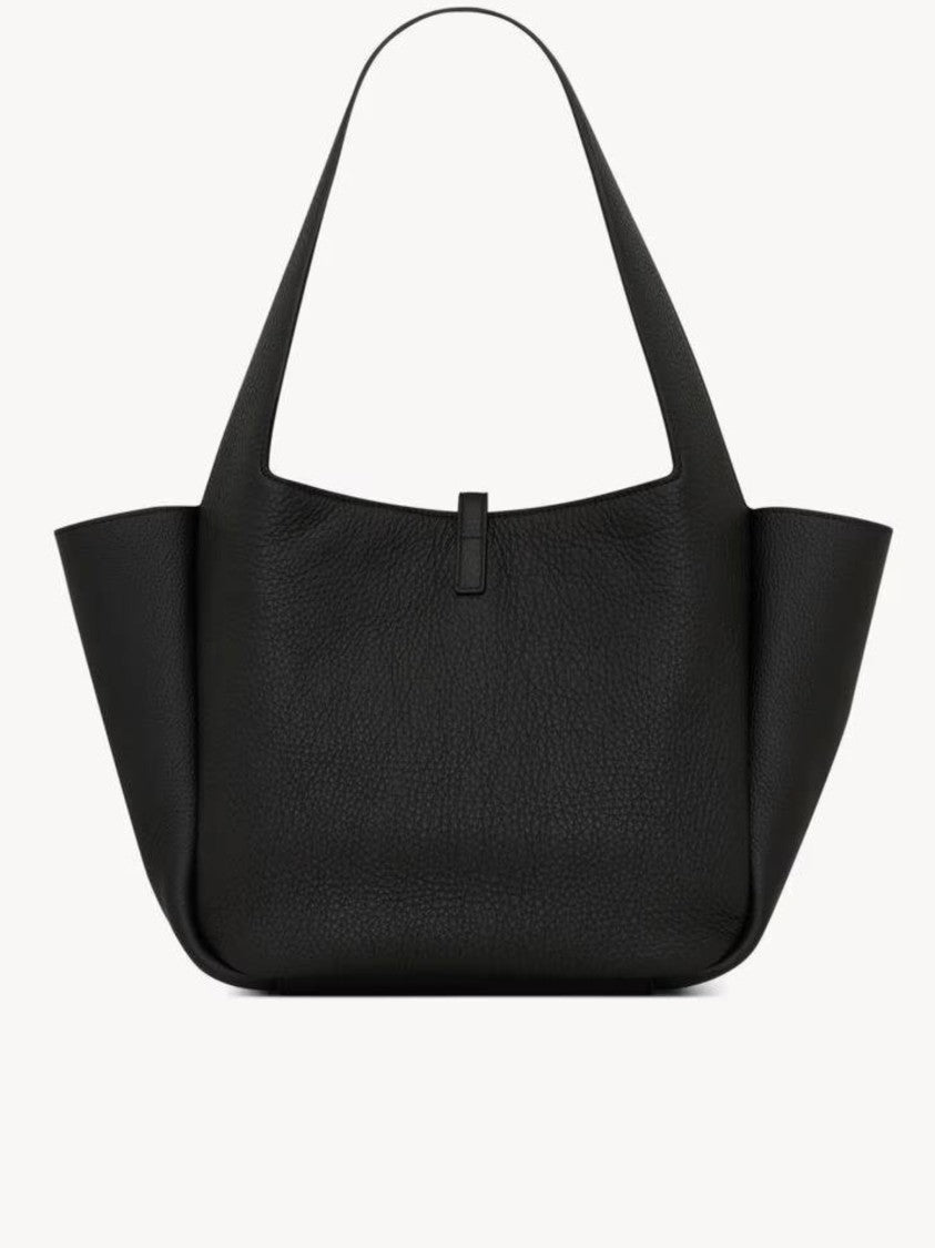 Saint Laurent Bea S Pebbled Leather Gold-Logo Tote Bag