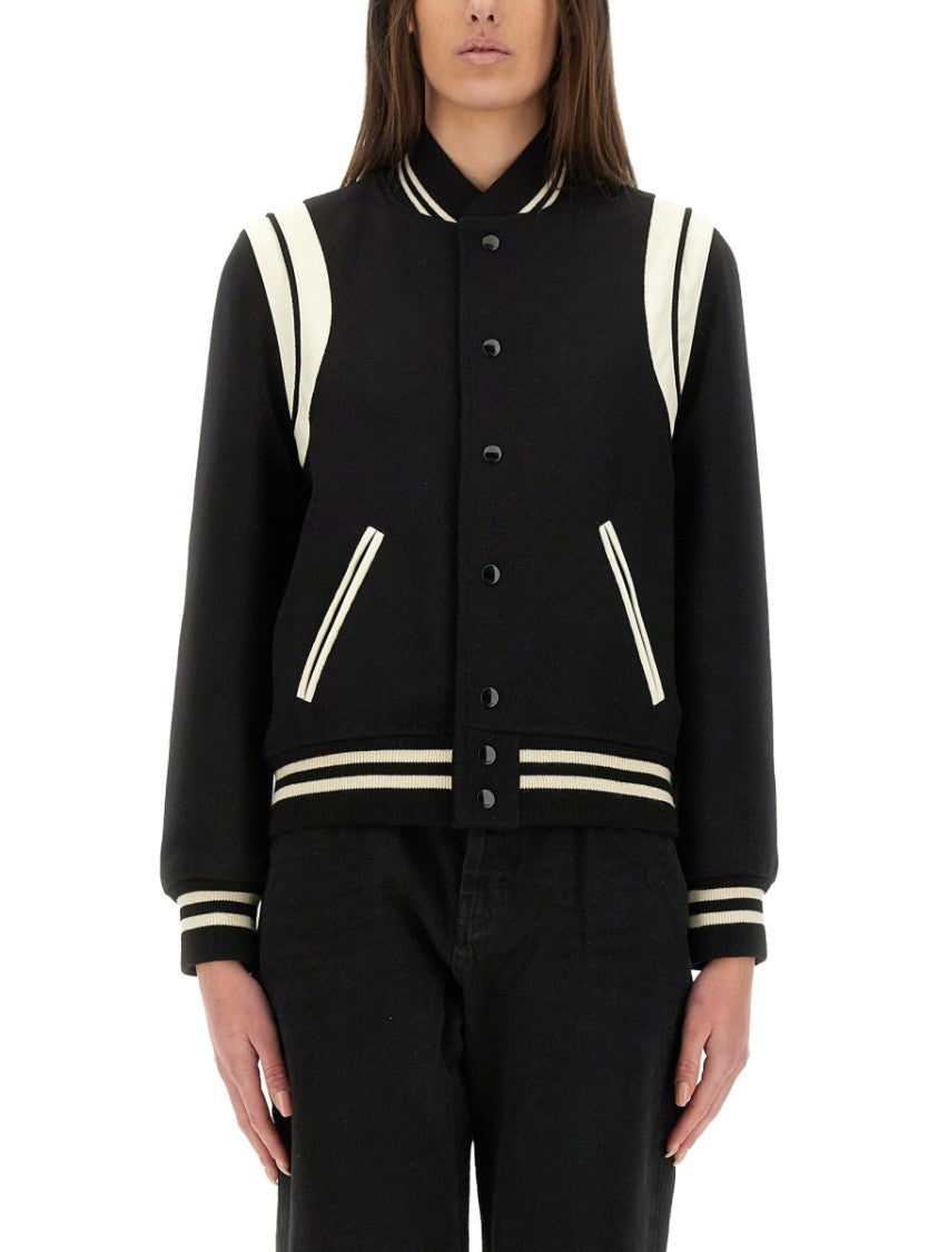 Saint Laurent Wool Varsity Jacket With Contrasting Stripe Details