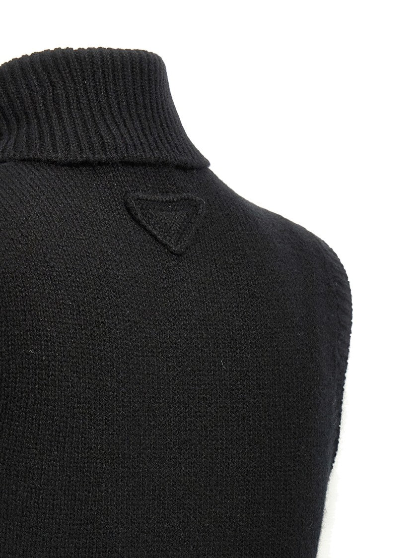 Prada Fitted Black Cashmere Vest With Ribbed Collar And Detailing