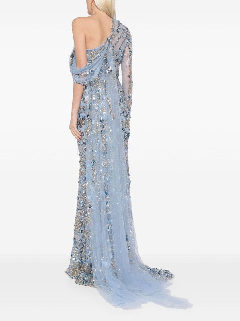 Saiid Kobeisy Tulle One-Shoulder Sleeve, Dress With Dotted Beading A Tulle Tail