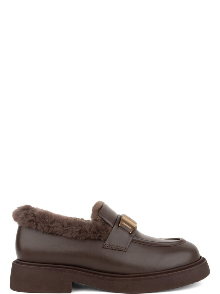 Adrianna Feretti Brown Plush Fur Lining Metallic Buckle Leather Loafers