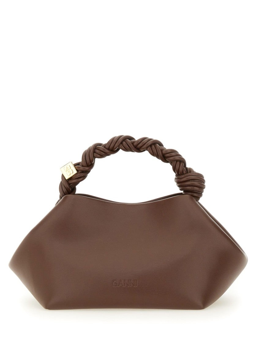 Ganni Sculptural Brown Handbag With Twisted Handle And Detachable Strap