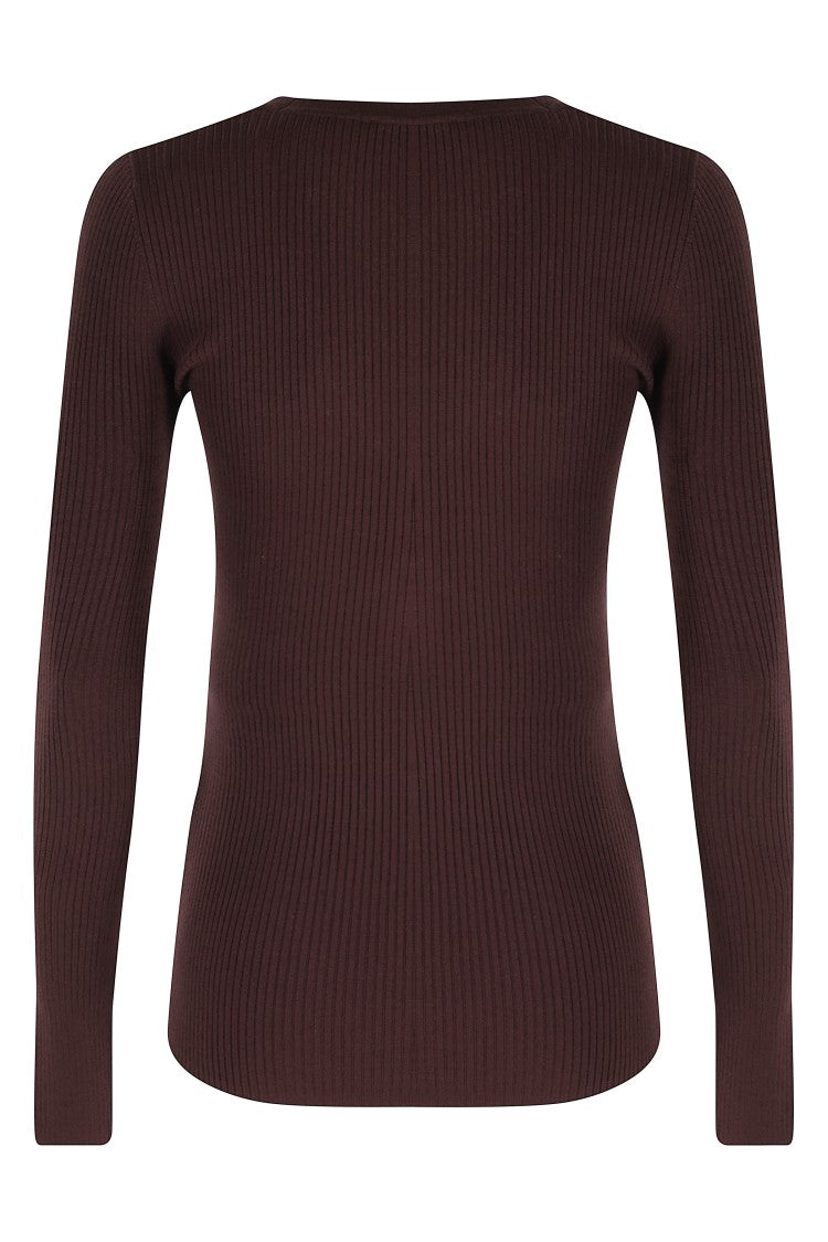 Elisabetta Franchi Merlot Tricot Sweater With Gold Accents And Ribbed Knit