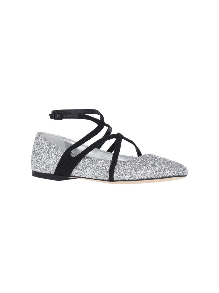 Jimmy Choo Pointed-Toe Glitter Ballerina Flats With Adjustable Ankle Strap