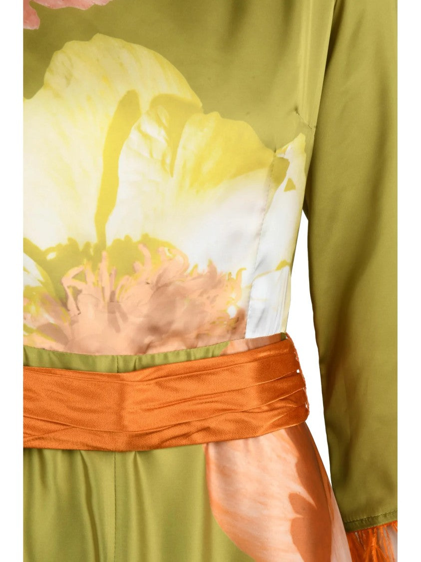 Mischalis Olive Green Feathered Polyester Women Long Dress