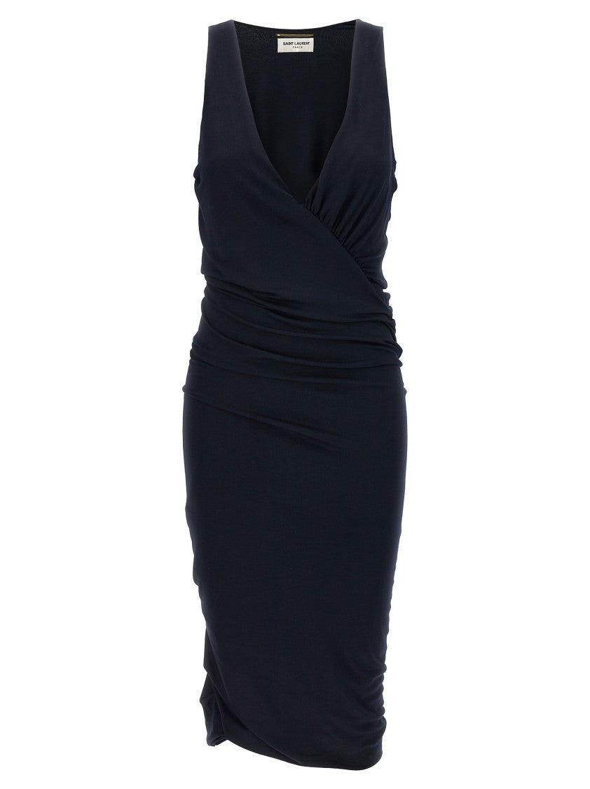 Saint Laurent Sleeveless Midi Jersey Dress With Ruched Detailing