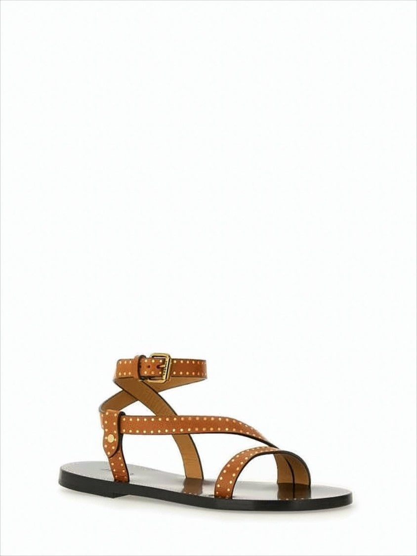 Isabel Marant Flat Brown Leather Sandals With Gold Stud Accents