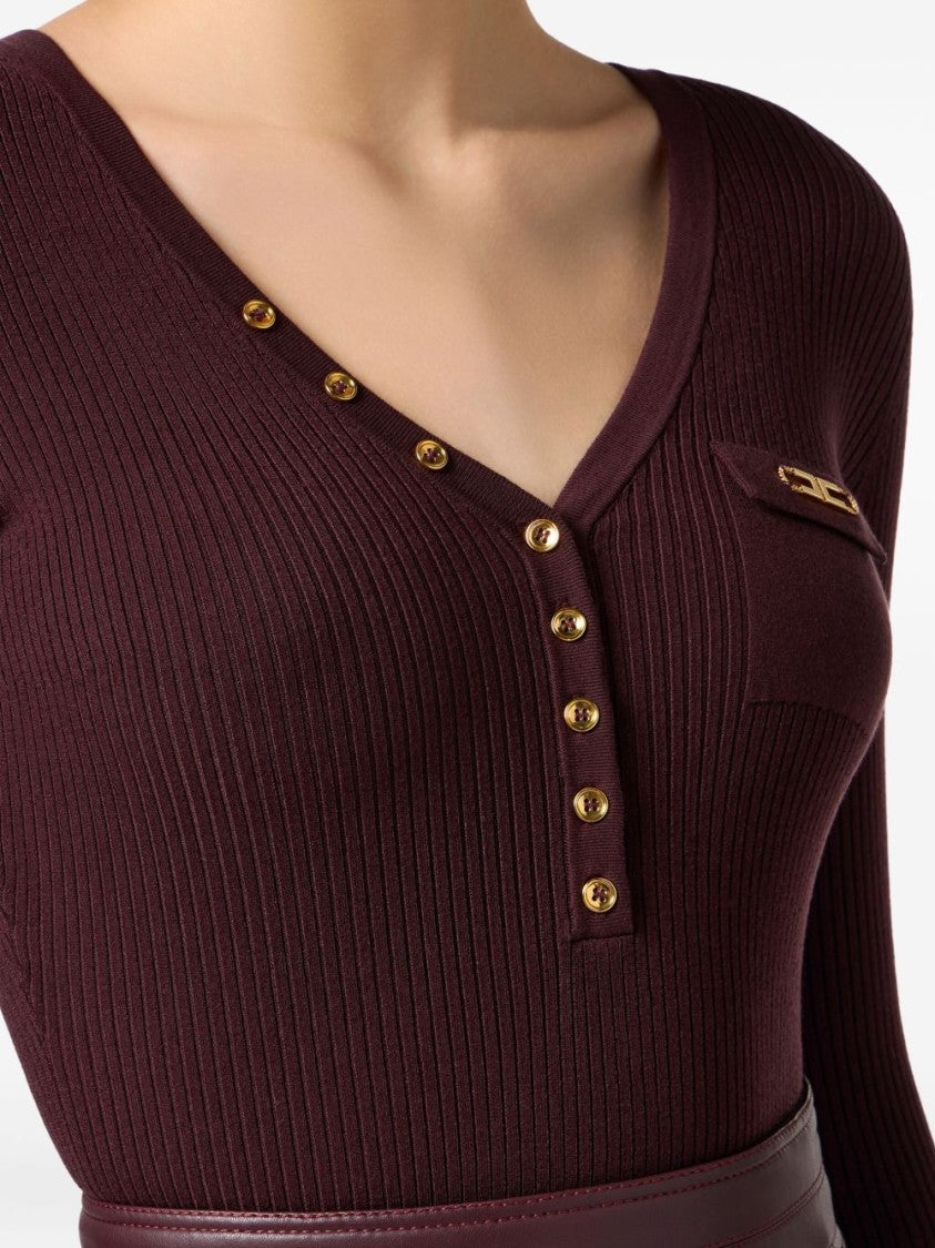 Elisabetta Franchi Fitted Burgundy Sweater With Deep V-Neckline