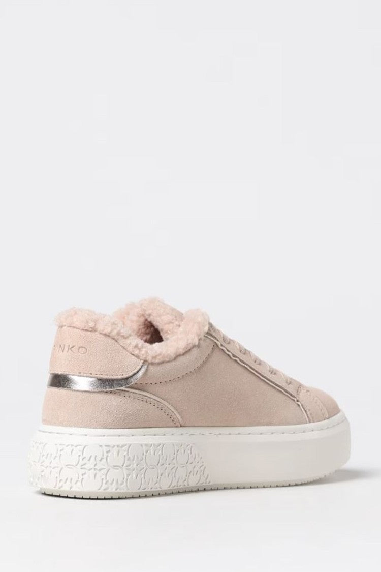 Pinko Pink Love Buckle Shearling Suede Sneakers