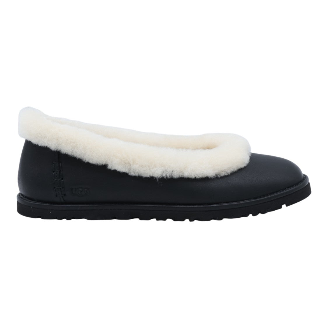Ugg Black Flat Shoes With Plush White Fur Trim