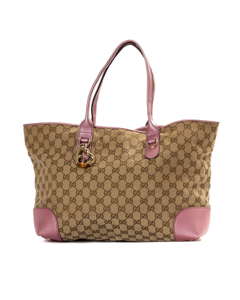 Gucci Medium Shopper Bag With Heart Charm And Pink Leather Accents