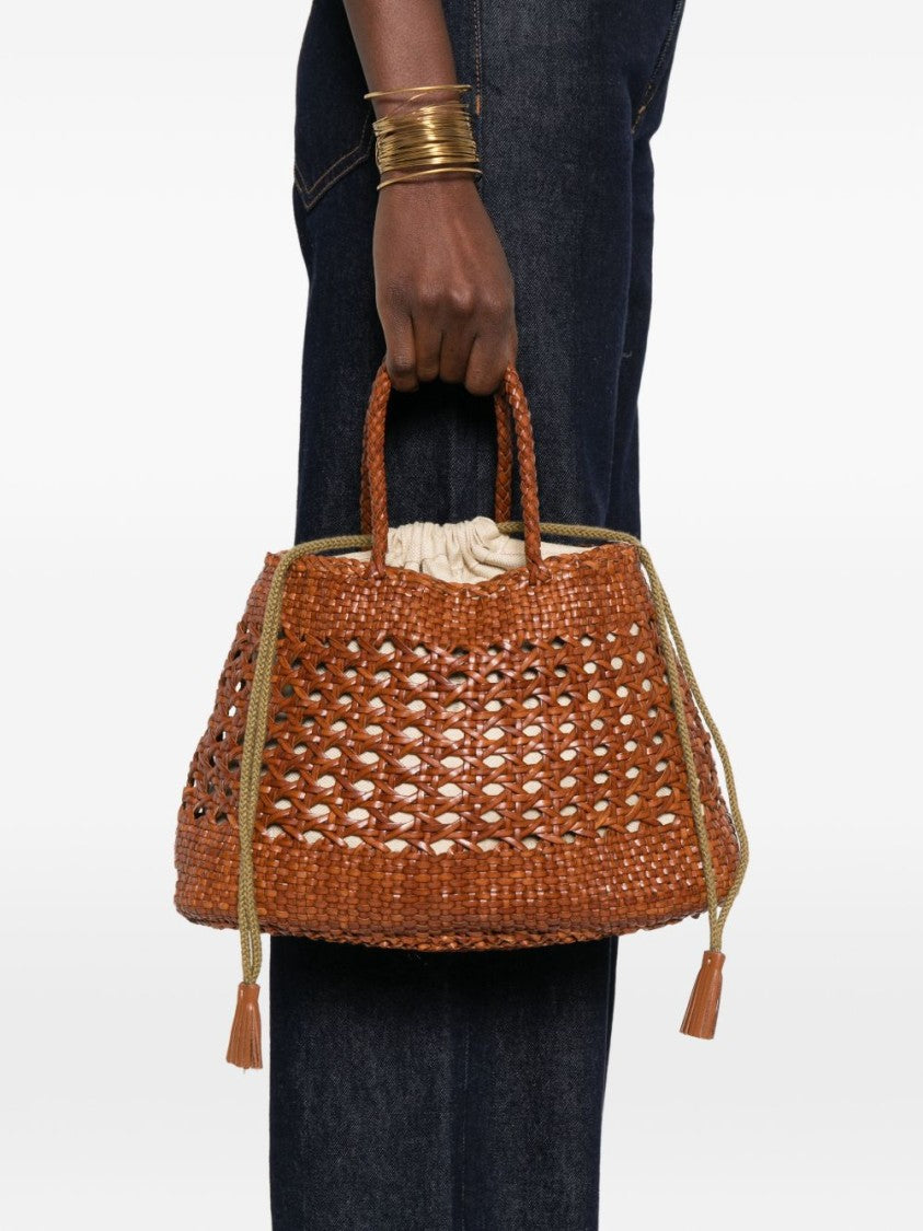 Dragon Diffusion Medium Brown Woven Leather Handbag With Drawstring Closure