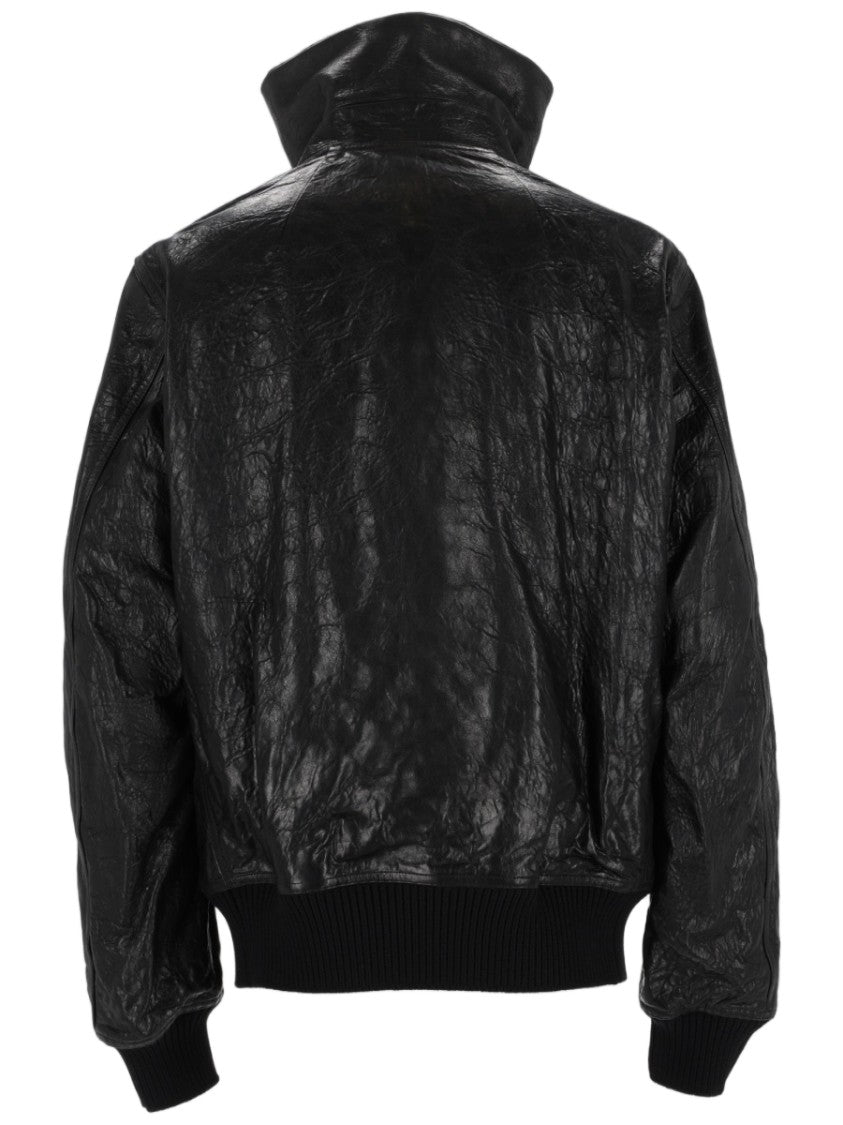 Rick Owens Structured Black Lamb Leather Jacket With High Collar And Ribbed Cuffs