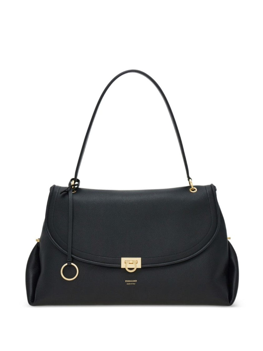 Ferragamo Elongated Gold-Tone Accent Black Calfskin Handbag