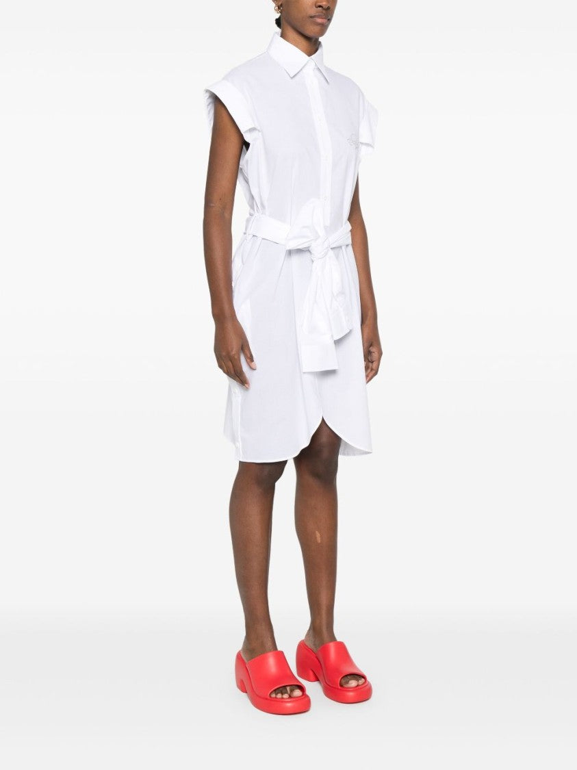 Moschino White Embroidered Logo Sleeveless Shirt Dress