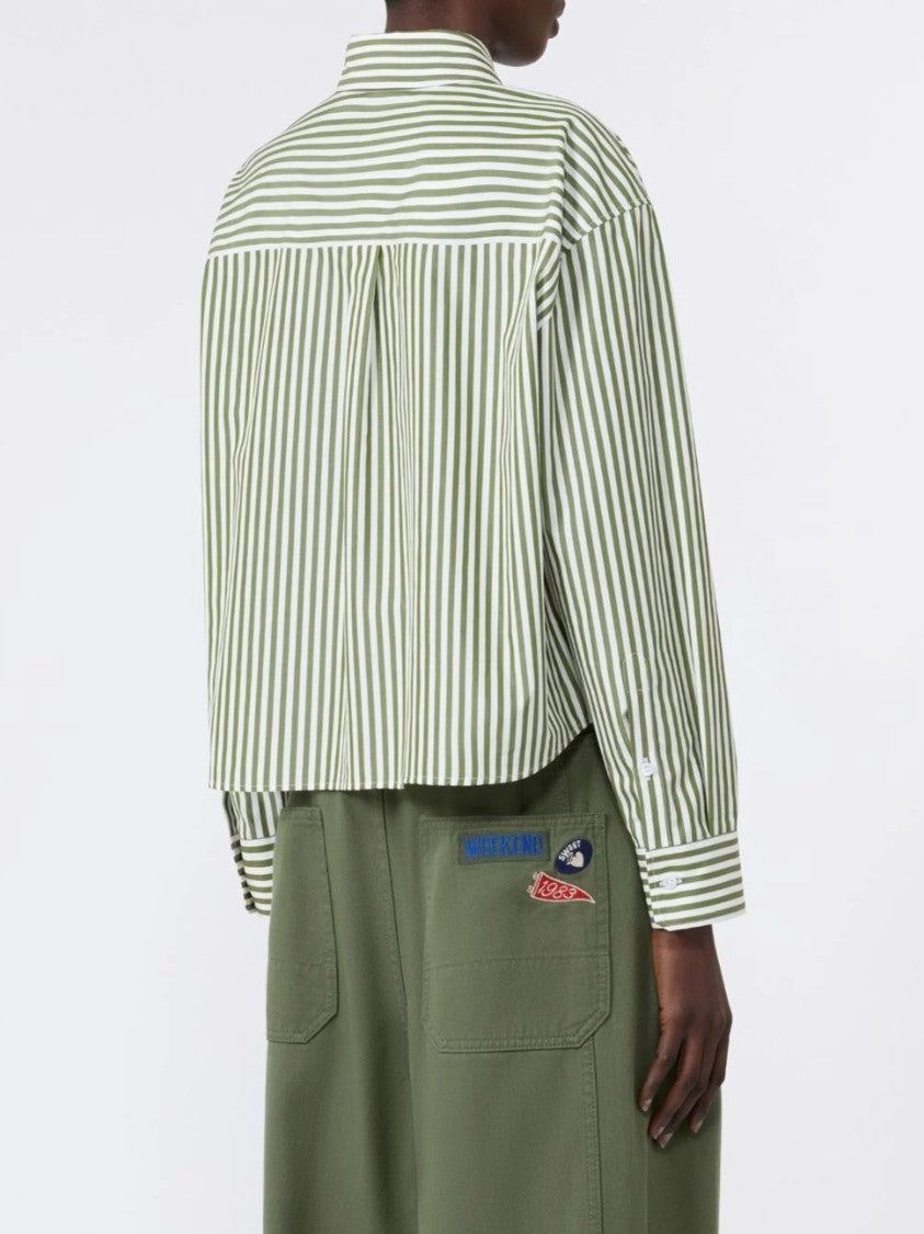 Weekend Vertical Olive Green And White Striped Cropped Shirt