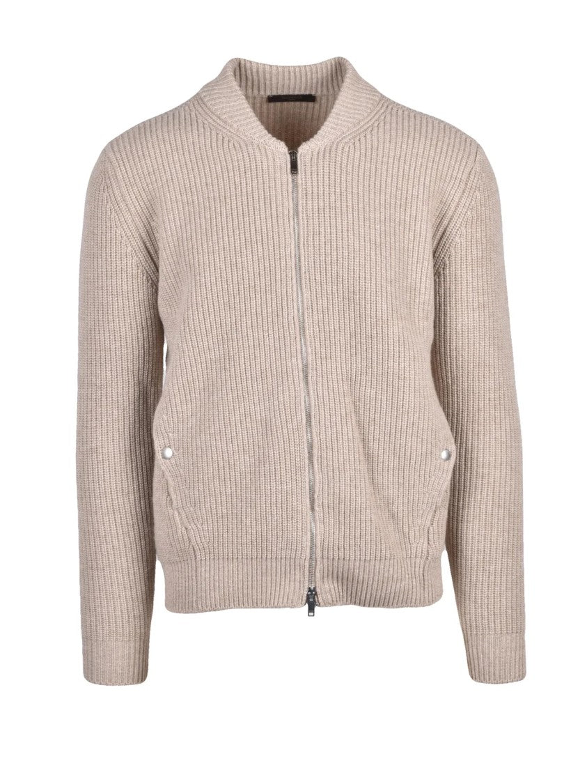 Slowear By Zanone Beige Ribbed High Collar Virgin Wool Zip Cardigan