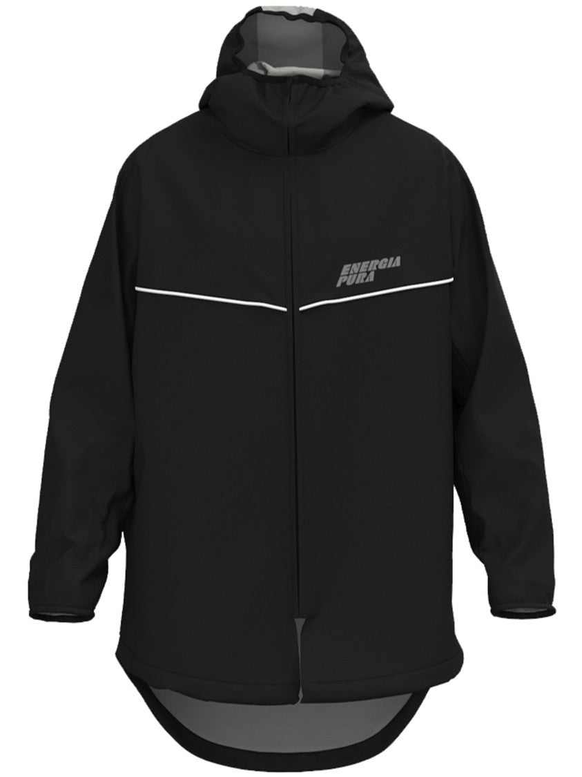 Energia Pura Black Hooded Jacket With Geometric Detailing And Front Zipper Closure