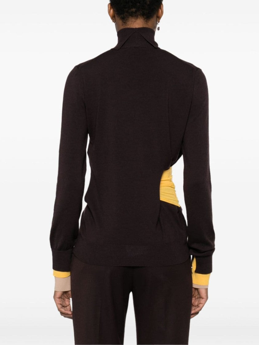 Fendi High Neck Dark Violet Sweater With Contrasting Yellow Band