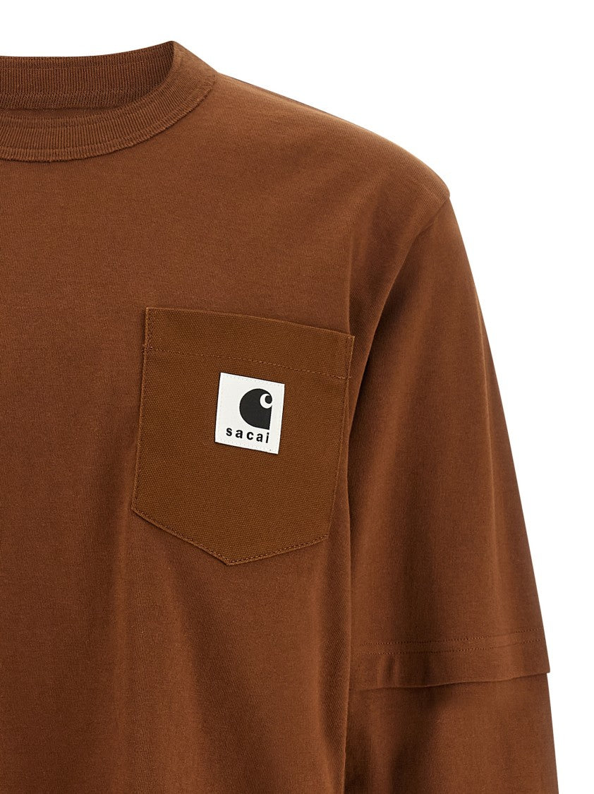 Sacai Double Layered Brown T-Shirt With Canvas Pocket