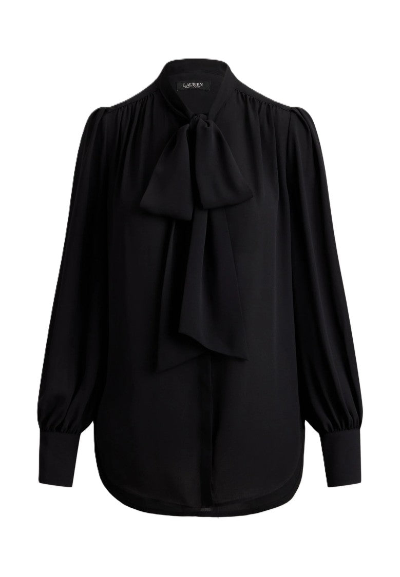 Lauren Ralph Lauren Black Bow-Tie Neckline Voluminous-Sleeve Blouse