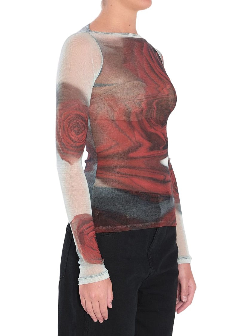 Jean Paul Gaultier White Red Rose Print Semi-Sheer Top