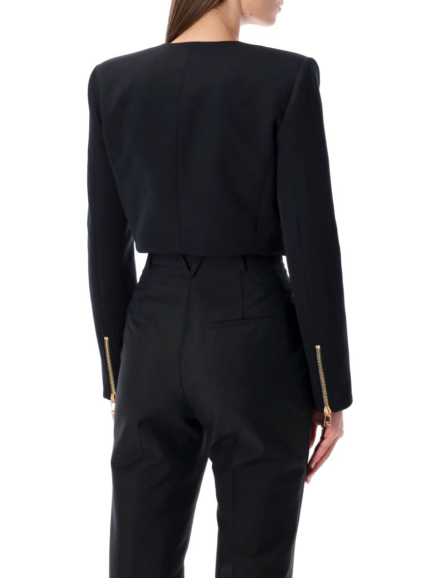 Balmain Cropped Black Wool Jacket With Gold Zip