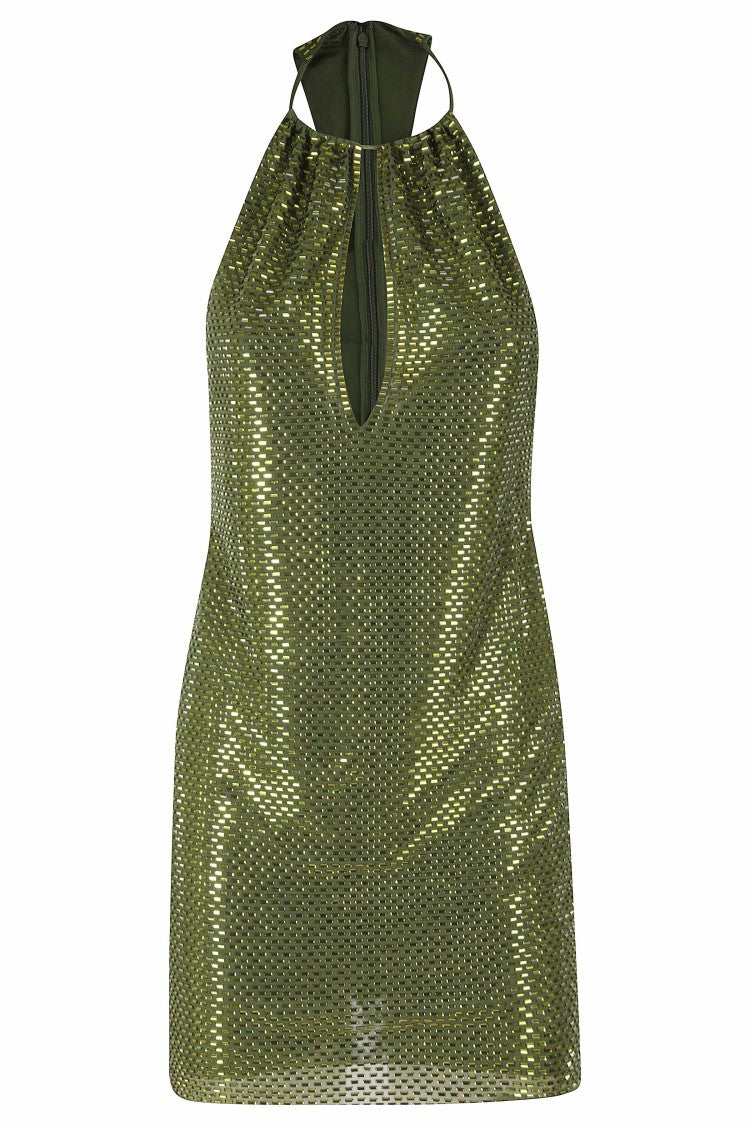 Self-Portrait Green Rhinestone-Embellished V-Opening Mini Dress