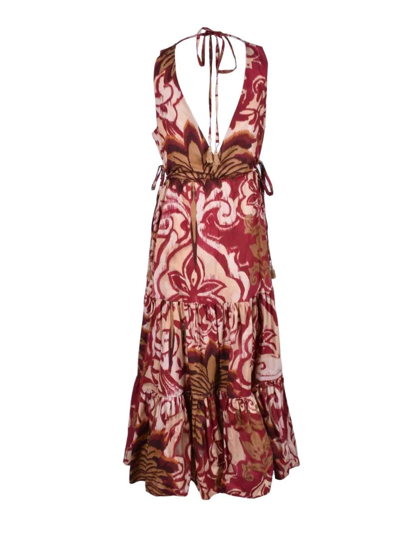 Motel Beige Bordeaux Floral Tie Cotton Maxi Dress