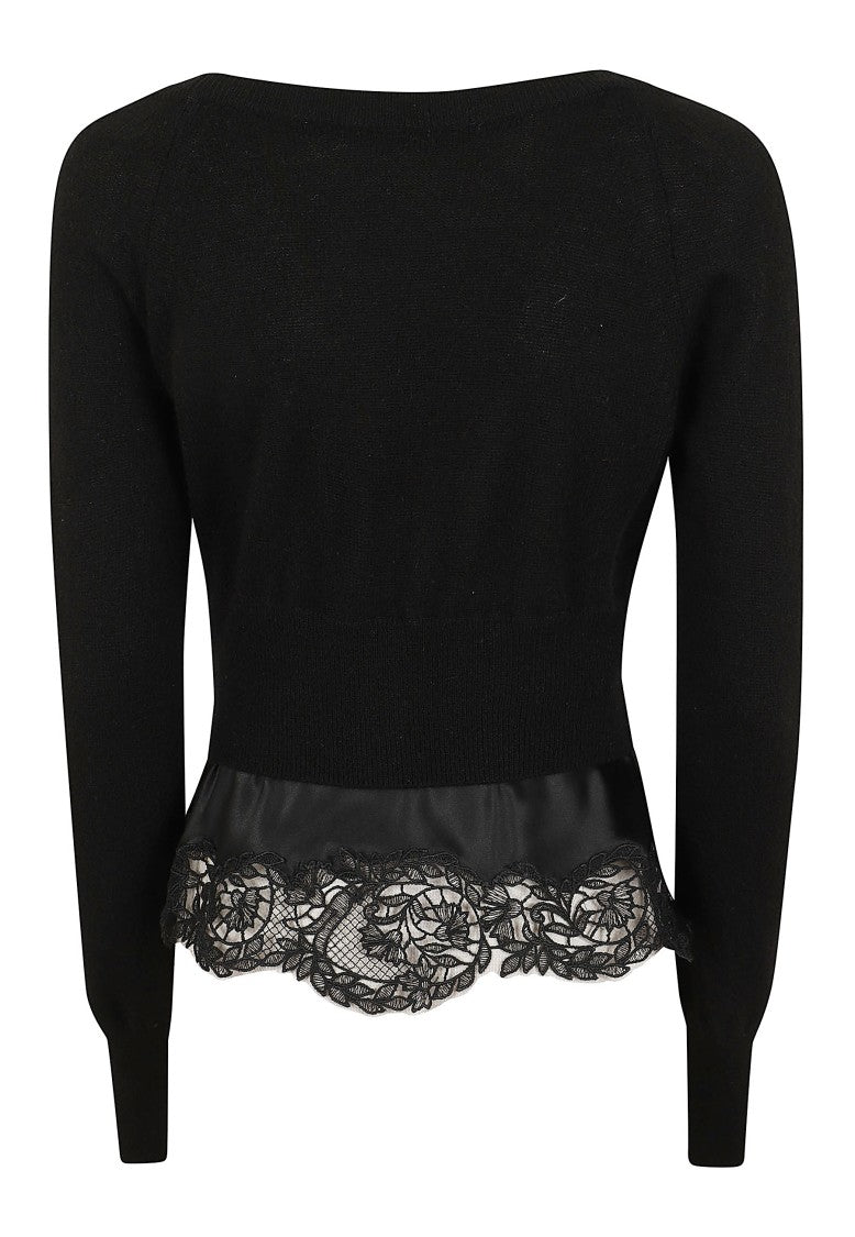 Ermanno Scervino Layered Black Cashmere Cardigan With Floral Lace Trim
