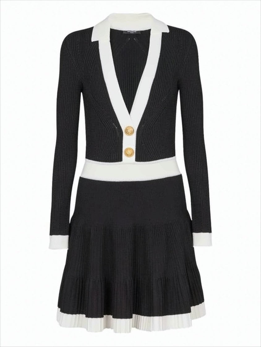 Balmain Ribbed Knit Midi Dress With Contrasting Collar