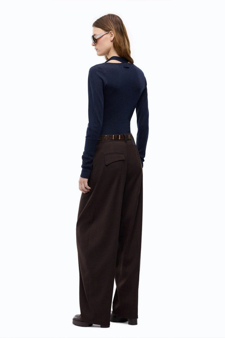 Pinko Blue Wool Tie-Neck Lace-Trim Sweater