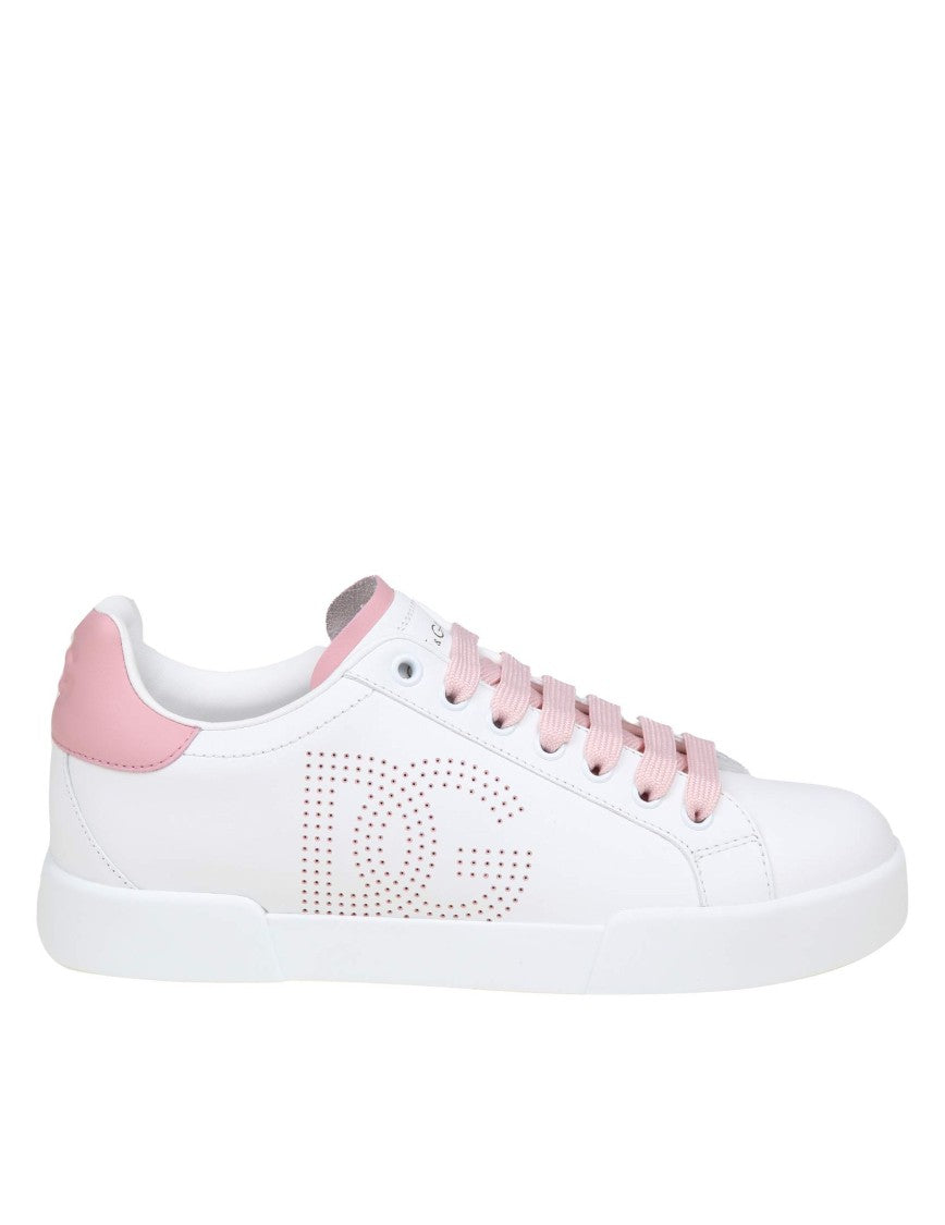 Dolce & Gabbana Portofino Light Sneakers In White And Pink Leather