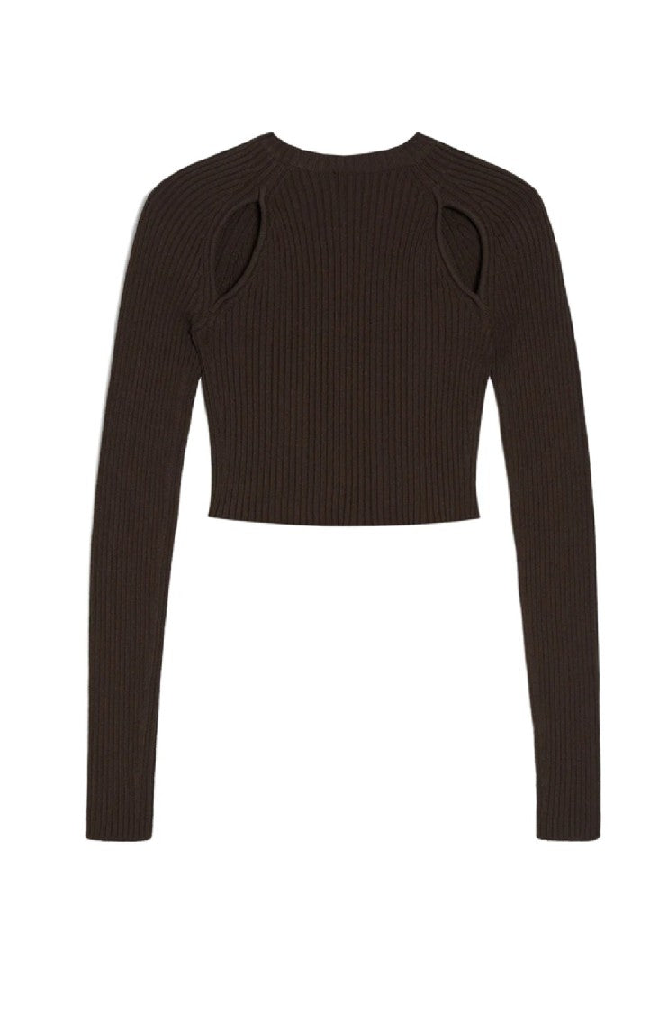 Max Mara Ribbed Brown Top With Cut-Out Shoulder Details