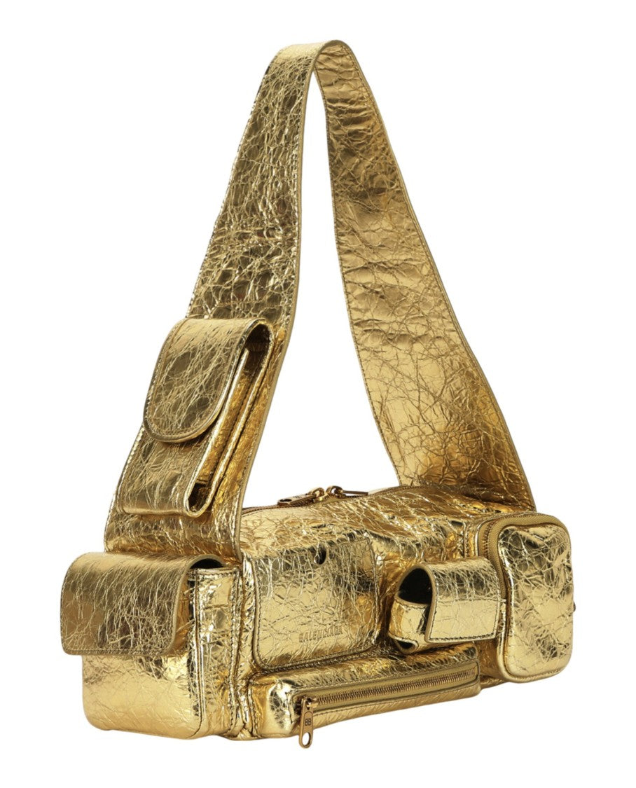 Balenciaga Textured Lambskin Sling Bag With Gold Hardware And Multiple Pockets
