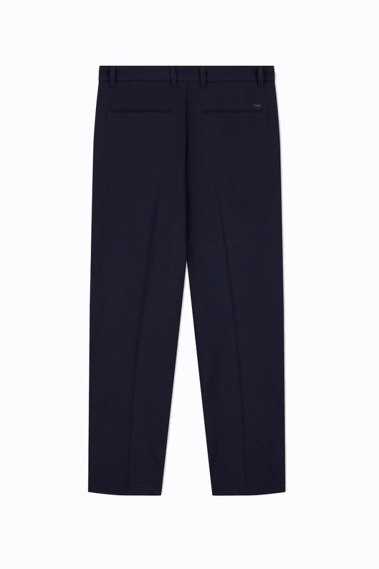 Emporio Armani Navy Pleated Tapered Viscose-Blend Pants