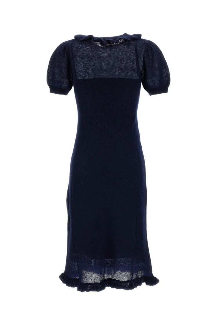 Shushu/Tong Floral Beaded Wool-Blend Lace Trim Pleated Midi Dress