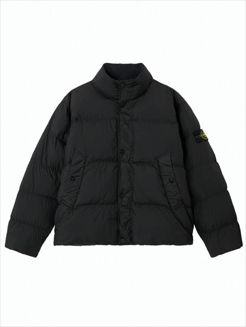 Stone Island Cropped Black Puffer Jacket With High Collar And Flap Pockets