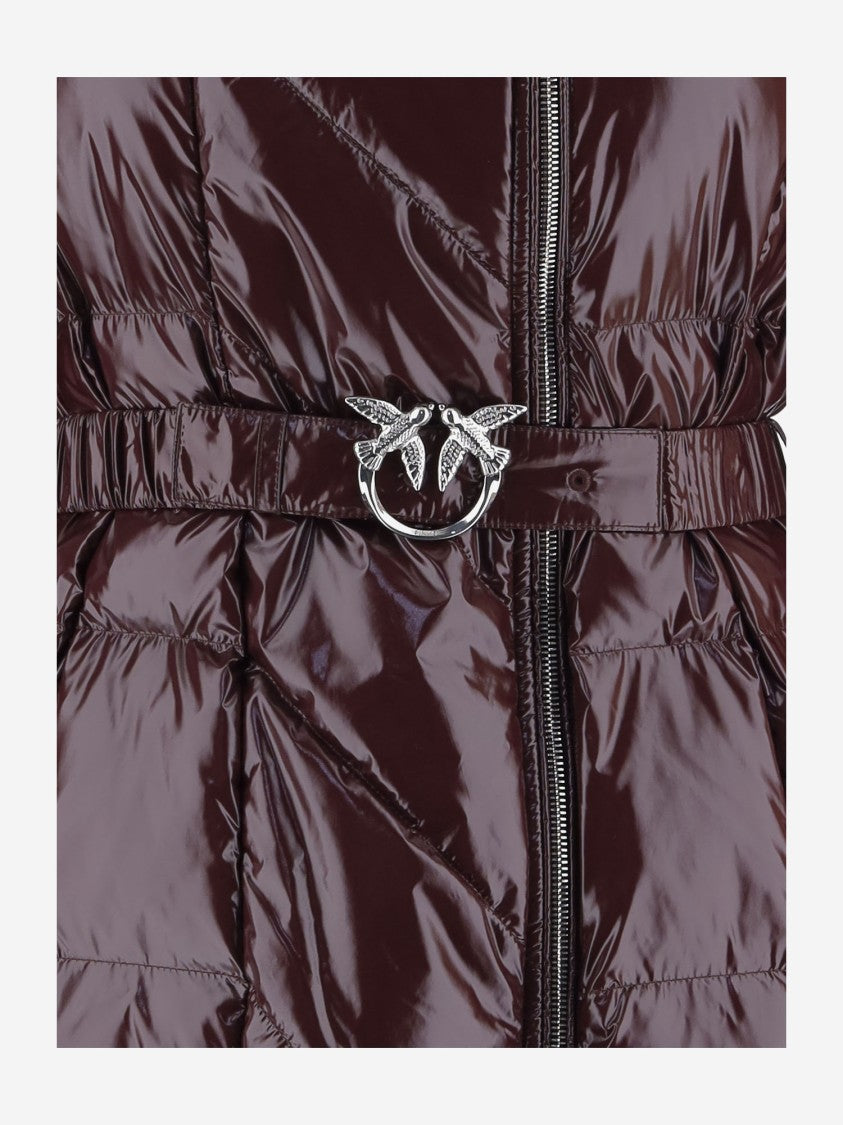 Pinko Glossy Quilted Down Coat With Decorative Bird Buckle
