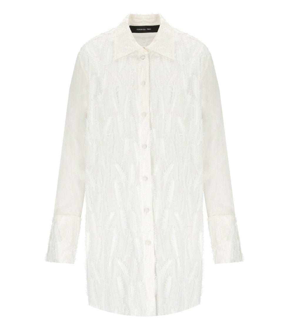 Federica Tosi Embroidered Fringe White Shirt With Leaf Motif