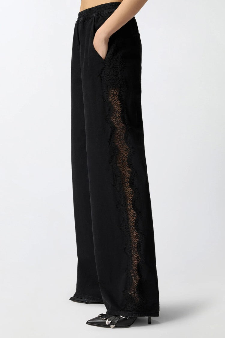 Pinko Black Palco Wide-Leg Lace Side Panels Cotton Pants
