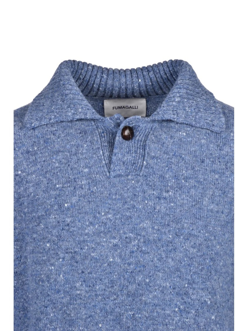 Fumagalli Light Blue Speckled Merino-Cashmere Knit Polo Shirt