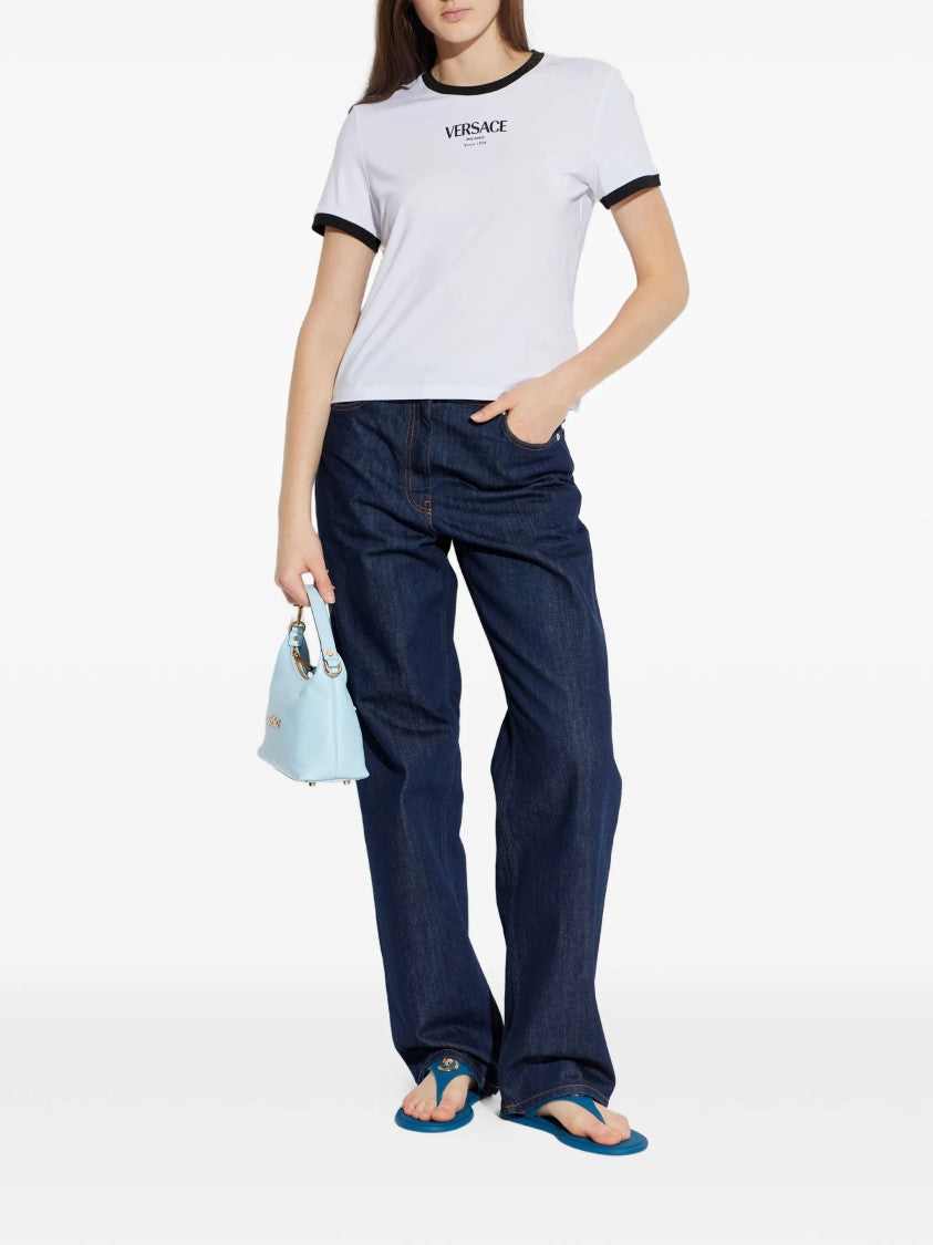 Versace White Cropped Viscose Contrast Trim T-Shirt