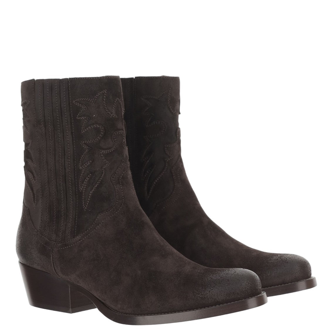 Sartore Dark Brown Suede Ankle Boots With Pointed Toe And Decorative Stitching