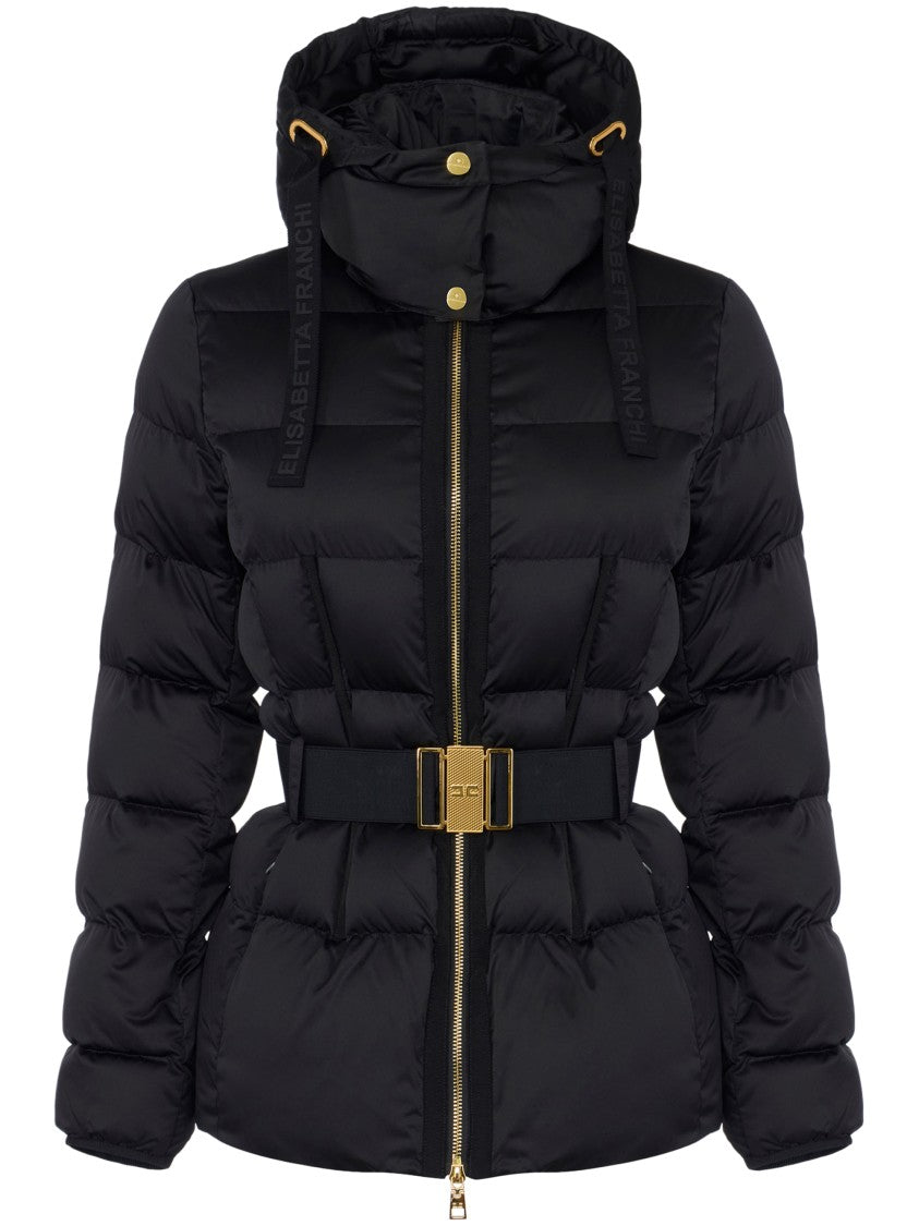 Elisabetta Franchi Quilted Black Padded Jacket With Belted Waist And High Collar