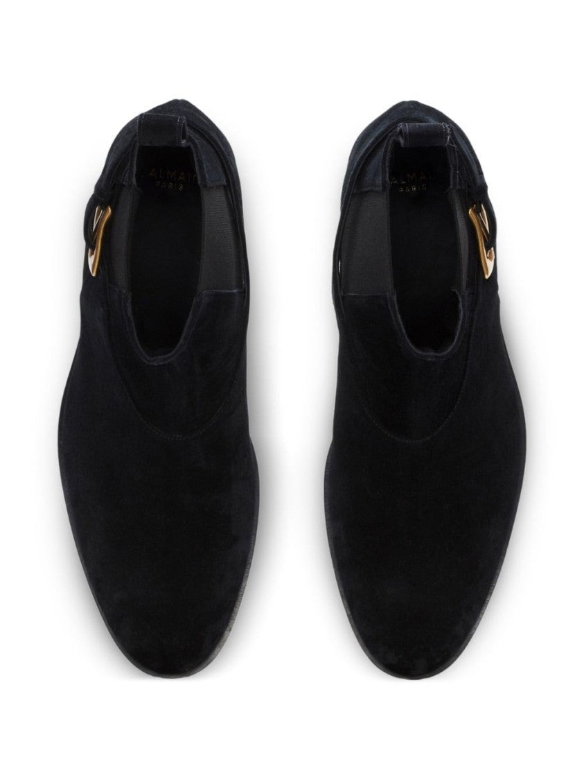 Balmain Smooth Suede Ankle Boots With Gold Buckle Detail