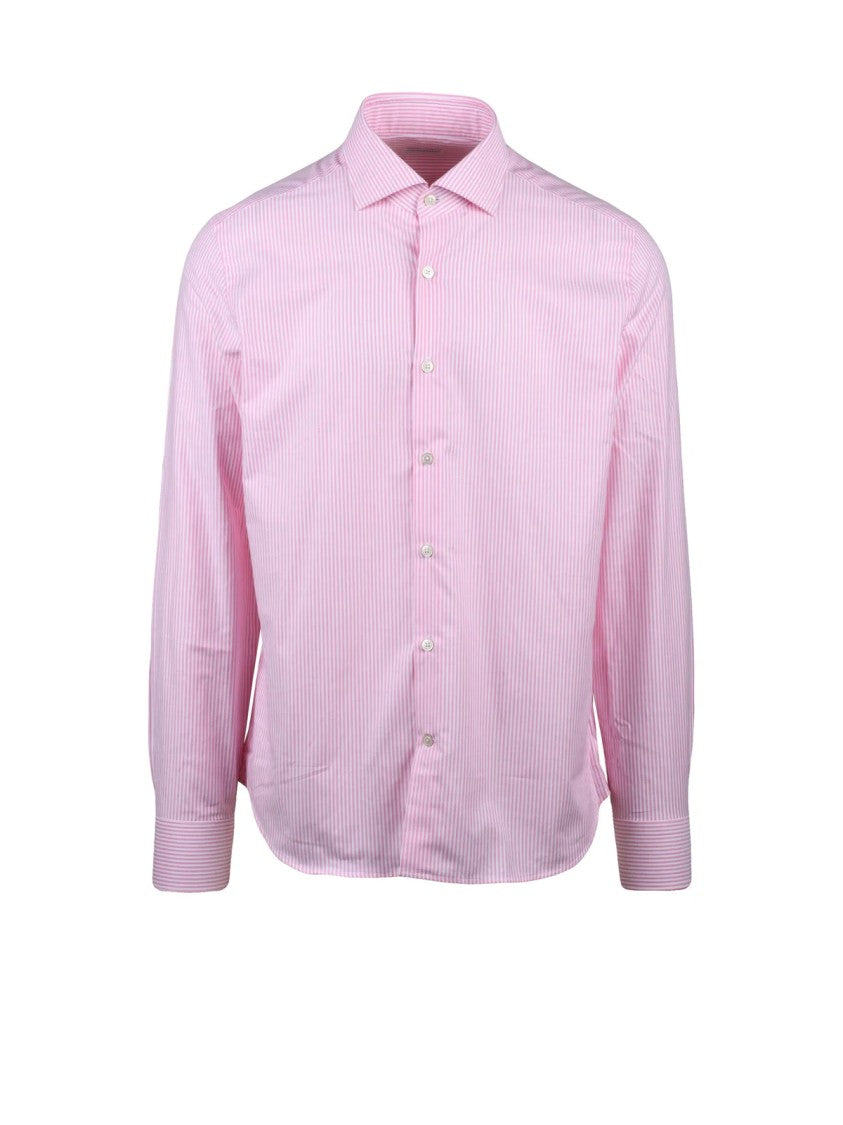 Ghirardelli White And Pink Striped Regular Fit Shirt